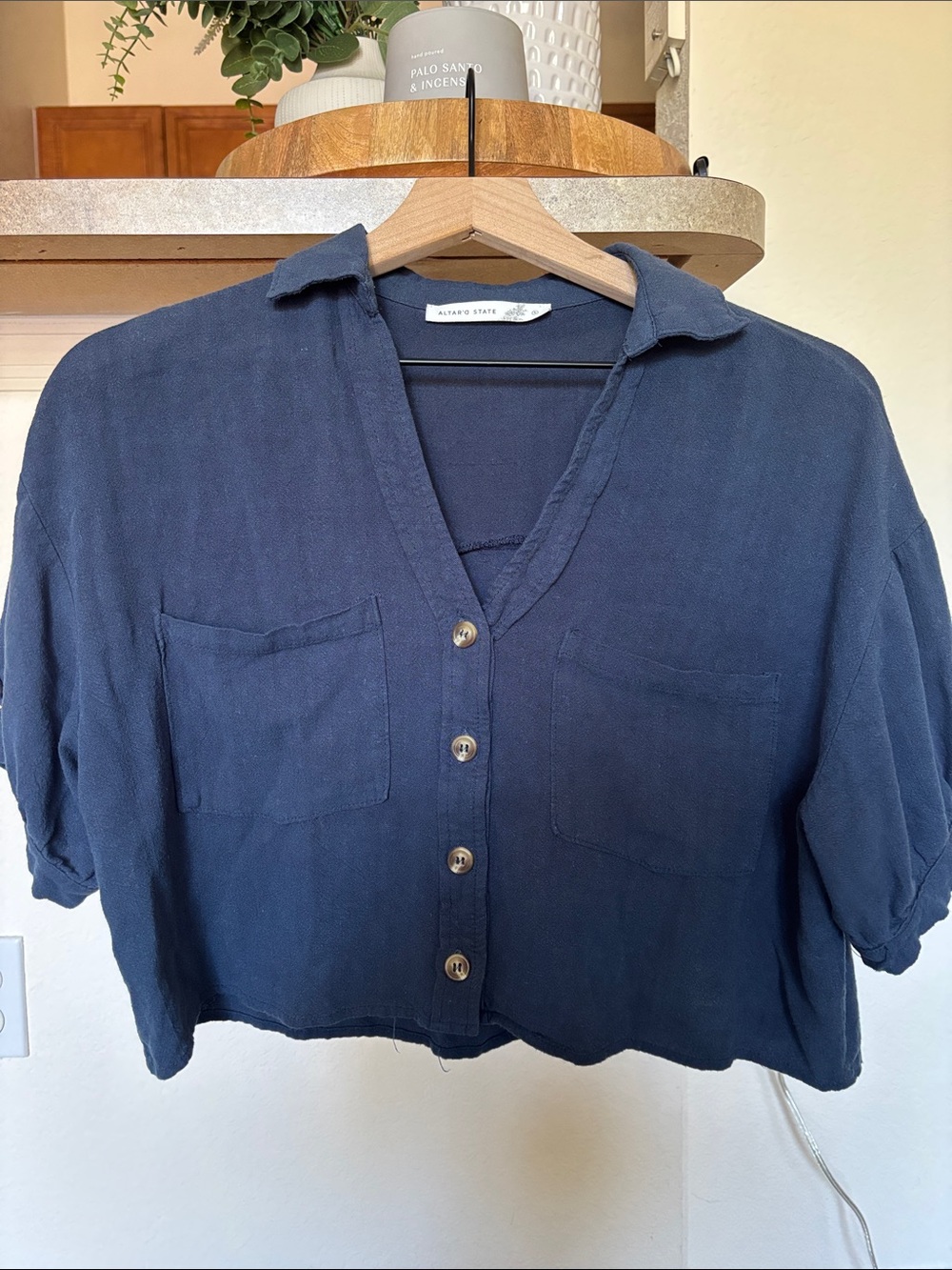Altar'd State Navy Cropped Button-Down Pocket Shirt